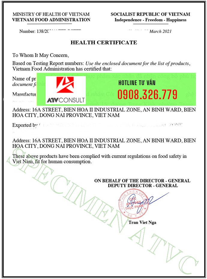 giấy chứng nhận y tế HC cho thực phẩm